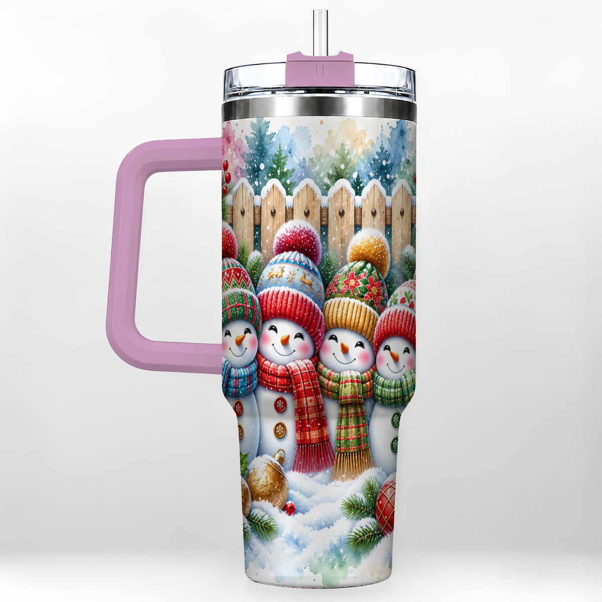 #pl[40oz|Pink] Watercolor Snowman Friends 40oz Tumbler with Handle, Winter Travel Cup