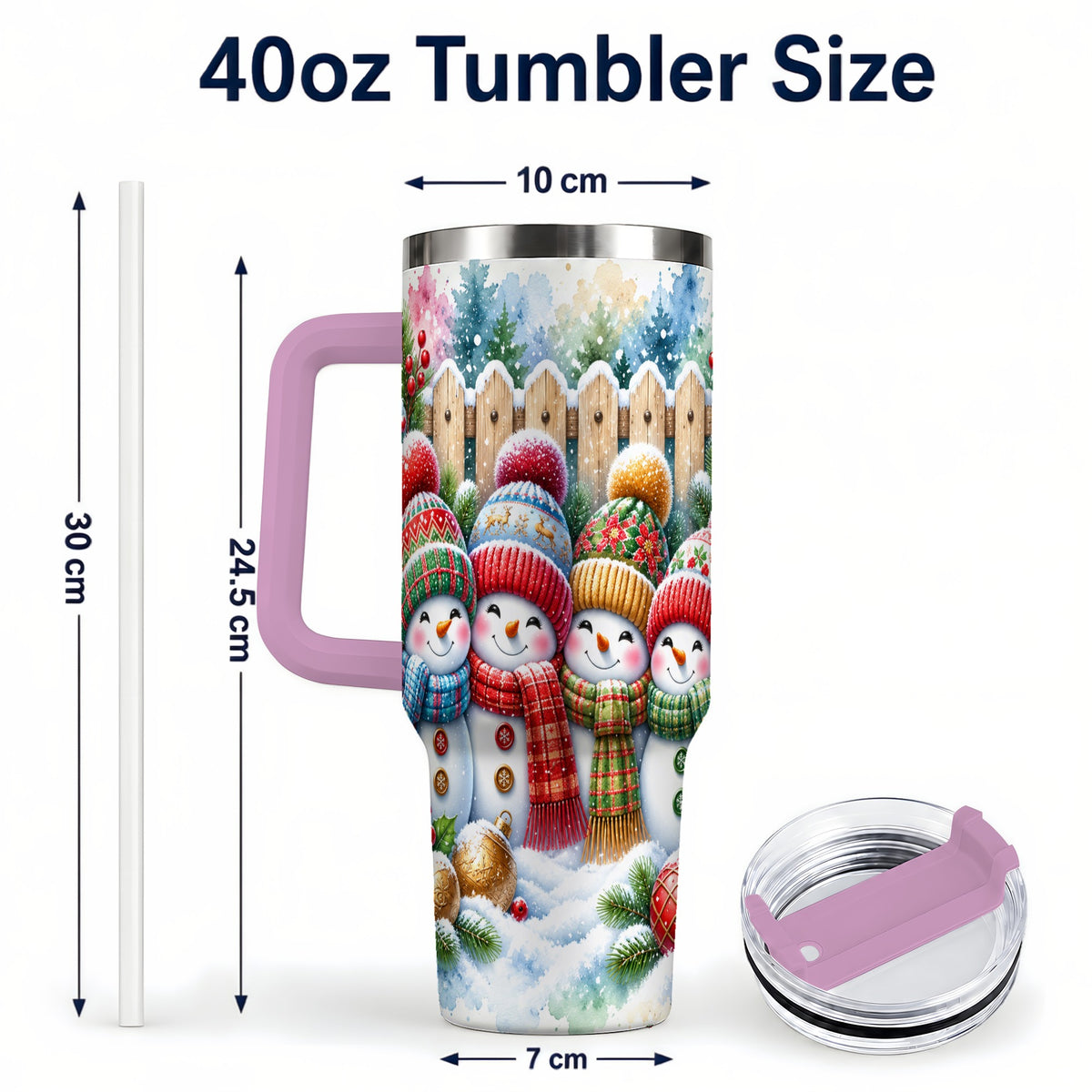 #pl[40oz|Pink] Watercolor Snowman Friends 40oz Tumbler with Handle, Winter Travel Cup