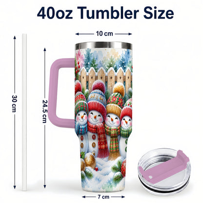 #pl[40oz|Pink] Watercolor Snowman Friends 40oz Tumbler with Handle, Winter Travel Cup