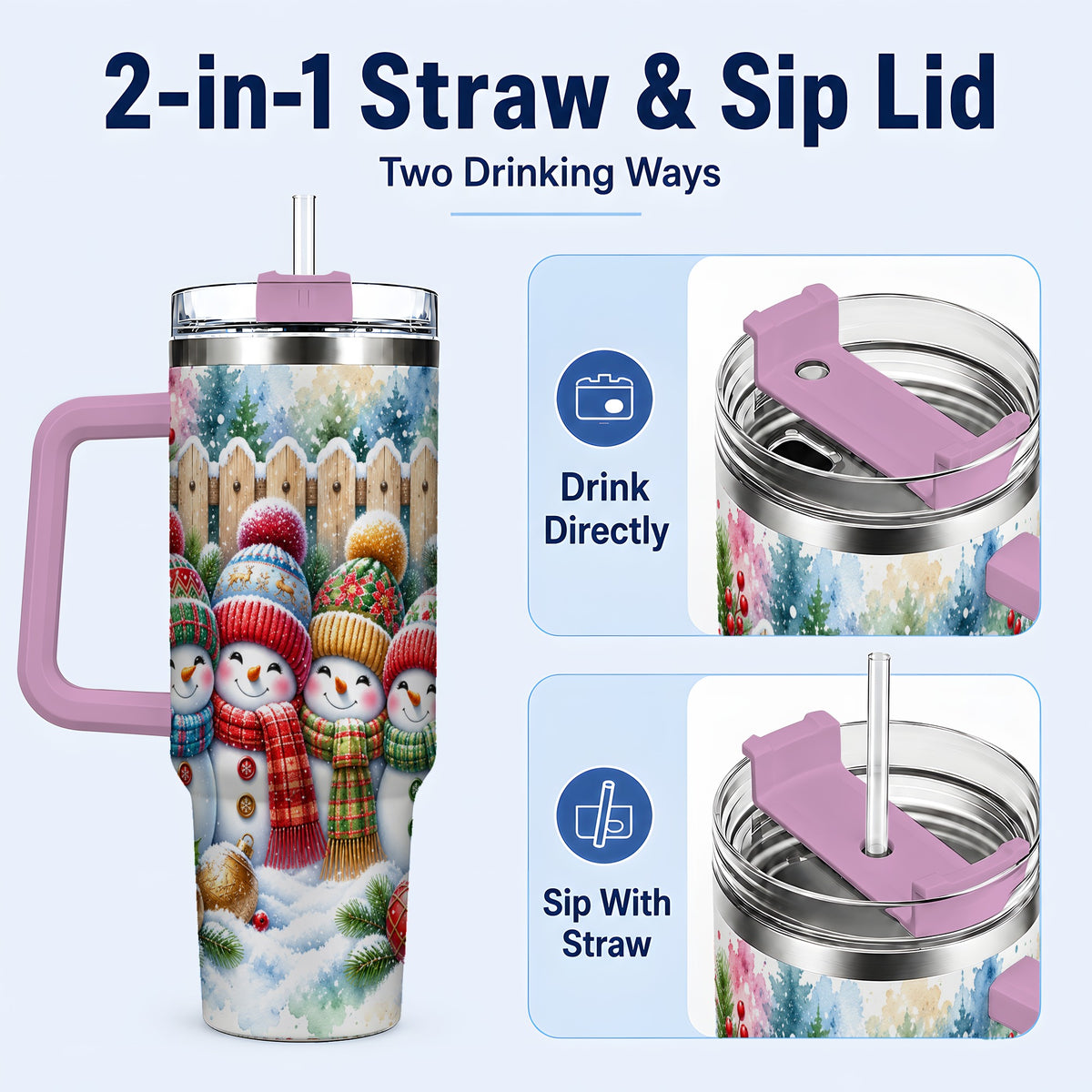 #pl[40oz|Pink] Watercolor Snowman Friends 40oz Tumbler with Handle, Winter Travel Cup