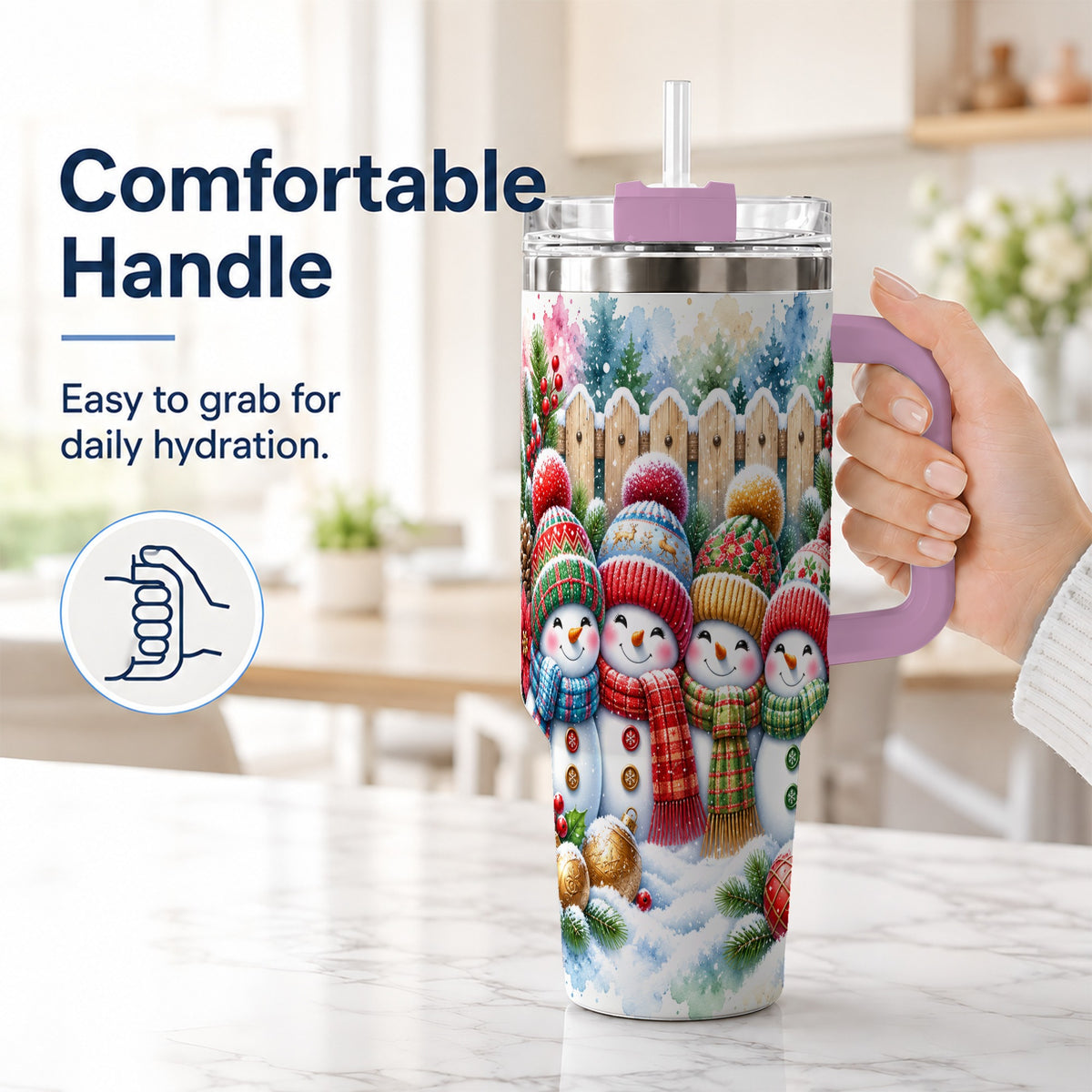 #pl[40oz|Pink] Watercolor Snowman Friends 40oz Tumbler with Handle, Winter Travel Cup