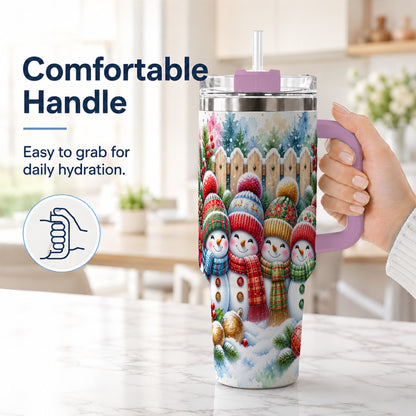 #pl[40oz|Pink] Watercolor Snowman Friends 40oz Tumbler with Handle, Winter Travel Cup