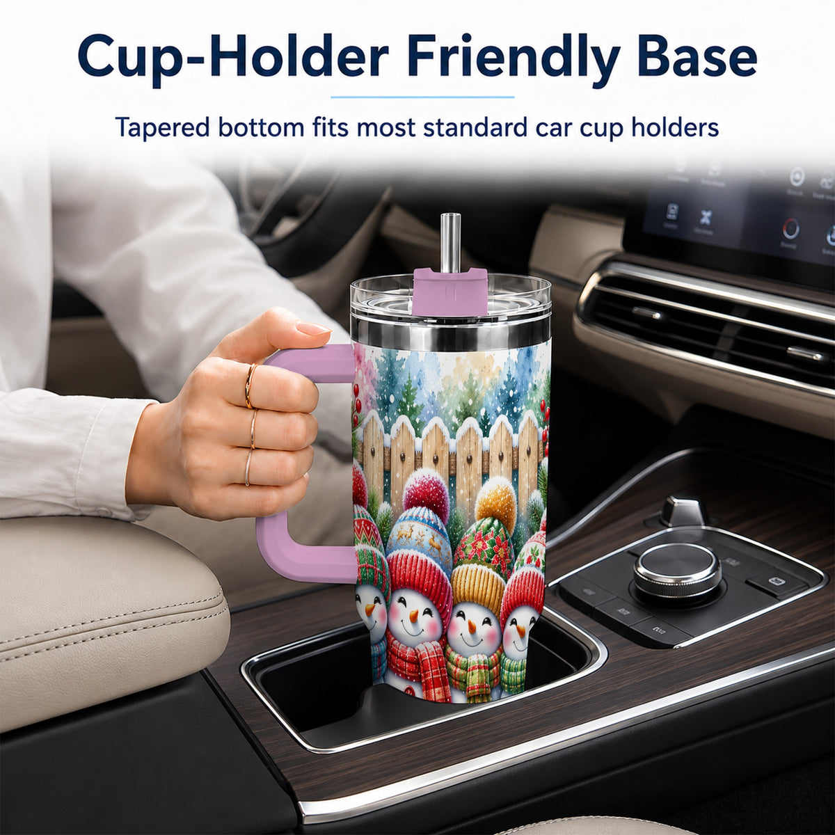 #pl[40oz|Pink] Watercolor Snowman Friends 40oz Tumbler with Handle, Winter Travel Cup