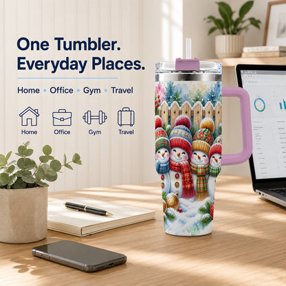 #pl[40oz|Pink] Watercolor Snowman Friends 40oz Tumbler with Handle, Winter Travel Cup
