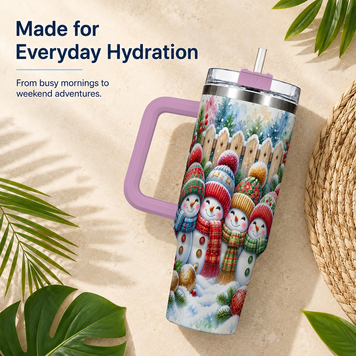 #pl[40oz|Pink] Watercolor Snowman Friends 40oz Tumbler with Handle, Winter Travel Cup