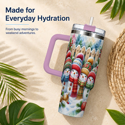 #pl[40oz|Pink] Watercolor Snowman Friends 40oz Tumbler with Handle, Winter Travel Cup
