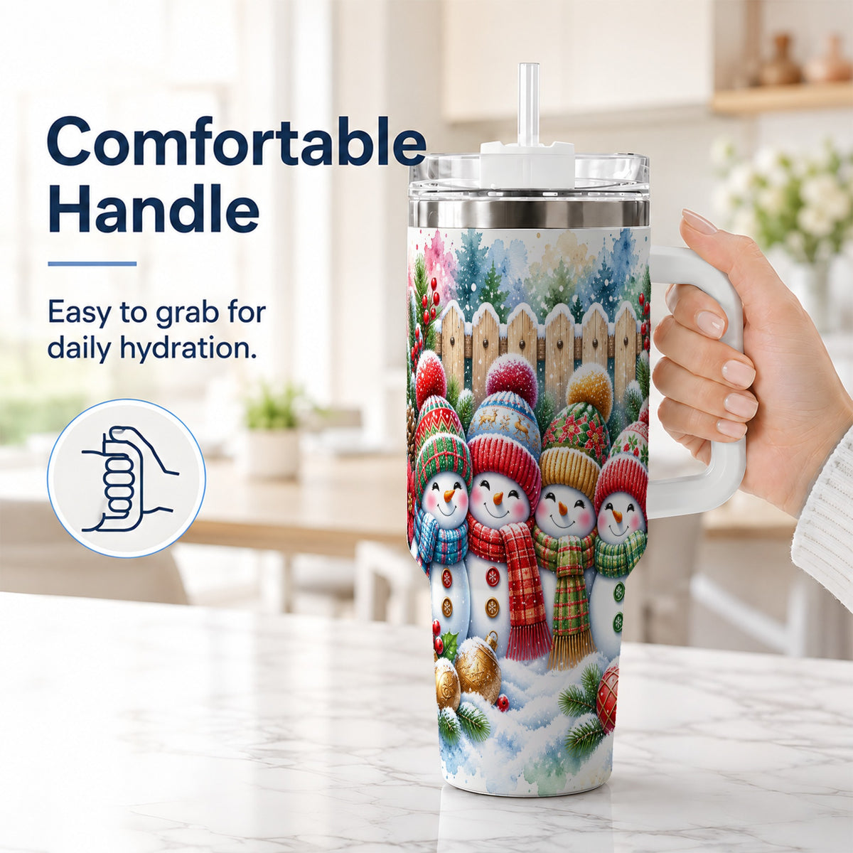 #pl[40oz|White] Watercolor Snowman Friends 40oz Tumbler with Handle, Winter Travel Cup