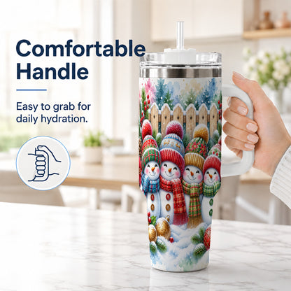 #pl[40oz|White] Watercolor Snowman Friends 40oz Tumbler with Handle, Winter Travel Cup