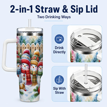 #pl[40oz|White] Watercolor Snowman Friends 40oz Tumbler with Handle, Winter Travel Cup