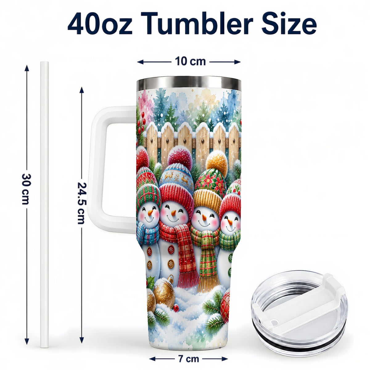 #pl[40oz|White] Watercolor Snowman Friends 40oz Tumbler with Handle, Winter Travel Cup