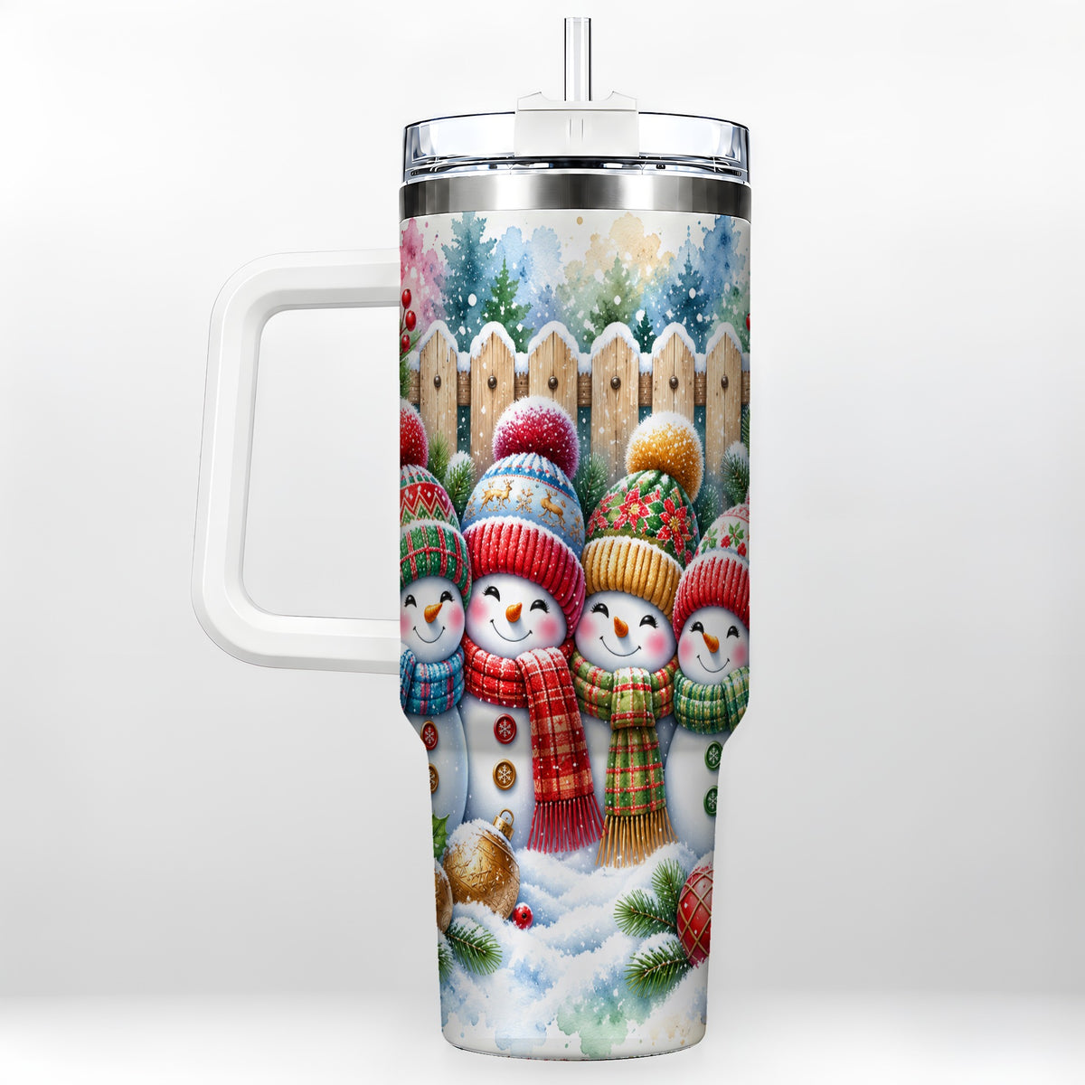 Watercolor Snowman Friends 40oz Tumbler with Handle, Winter Travel Cup