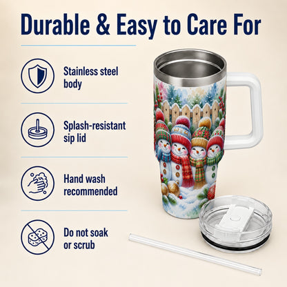 #pl[40oz|White] Watercolor Snowman Friends 40oz Tumbler with Handle, Winter Travel Cup