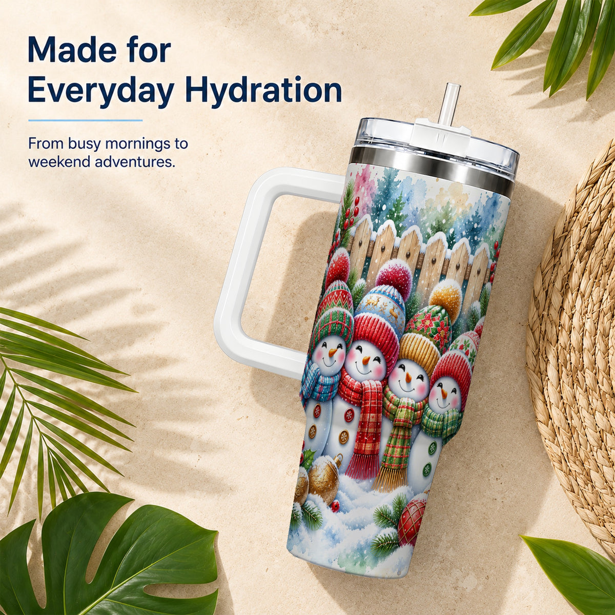 #pl[40oz|White] Watercolor Snowman Friends 40oz Tumbler with Handle, Winter Travel Cup