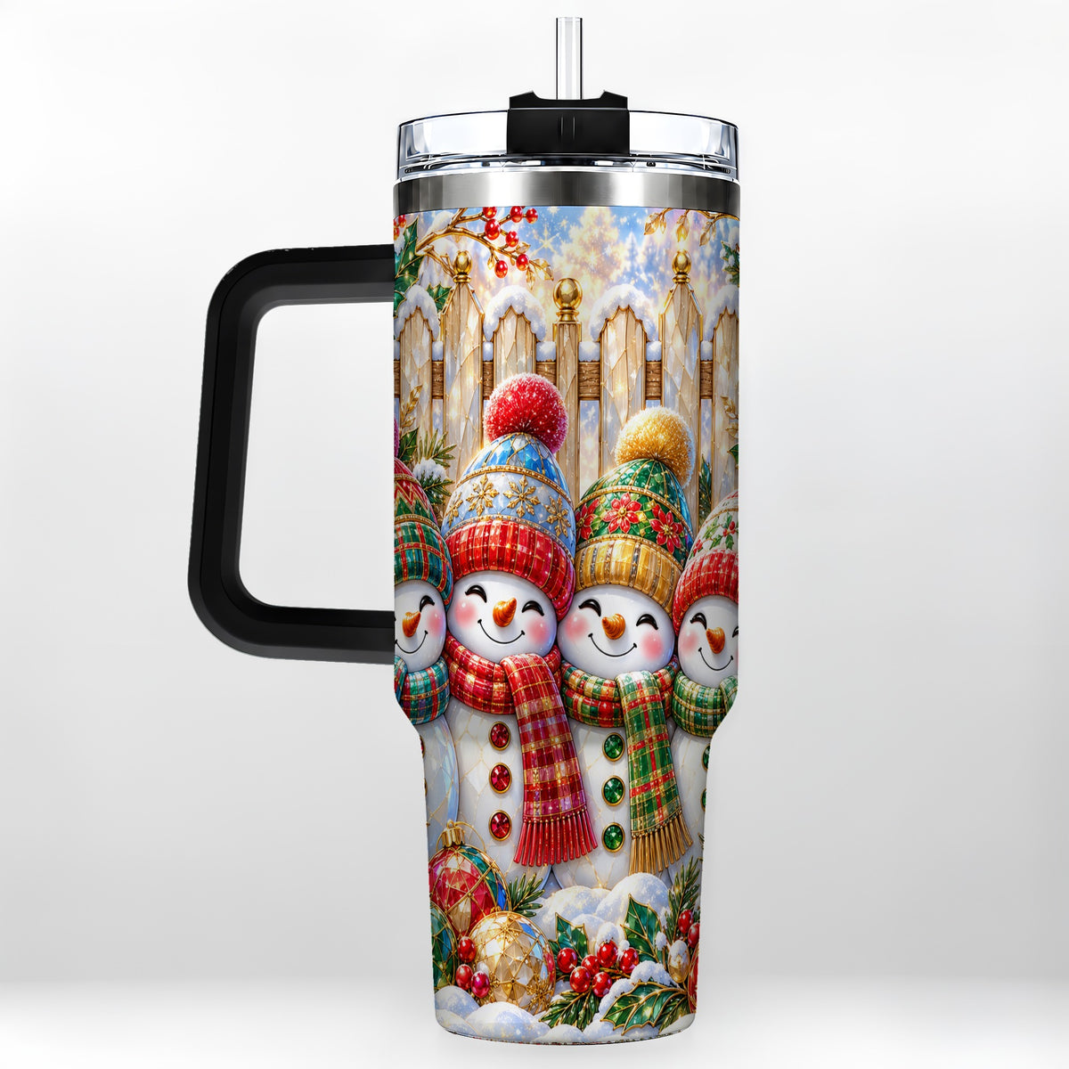 #pl[40oz|Black] Jeweled Snowman Friends 40oz Tumbler with Handle, Christmas Travel Cup