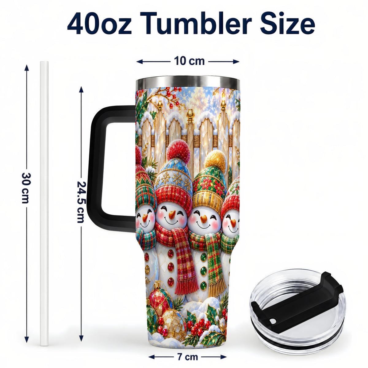 #pl[40oz|Black] Jeweled Snowman Friends 40oz Tumbler with Handle, Christmas Travel Cup