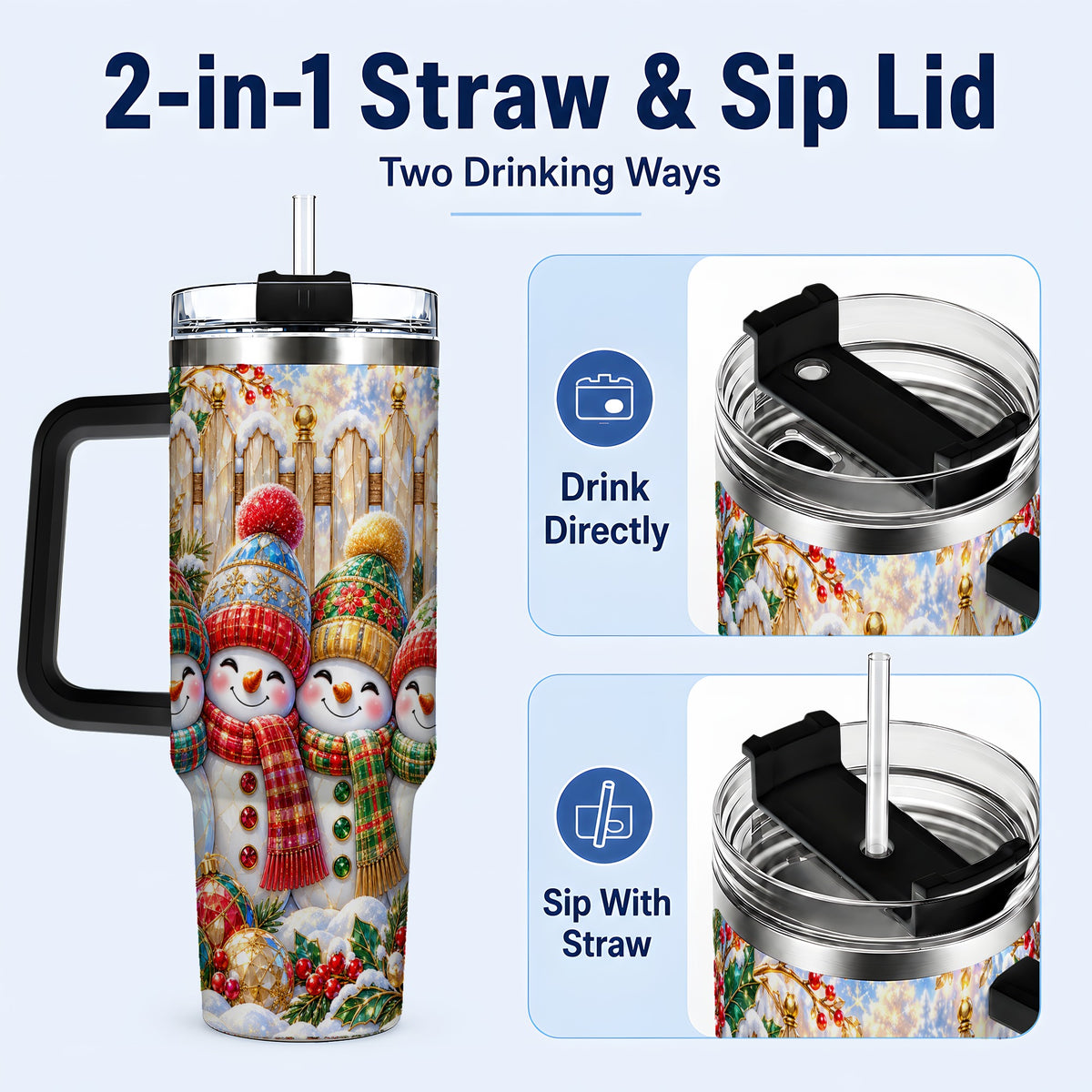 #pl[40oz|Black] Jeweled Snowman Friends 40oz Tumbler with Handle, Christmas Travel Cup