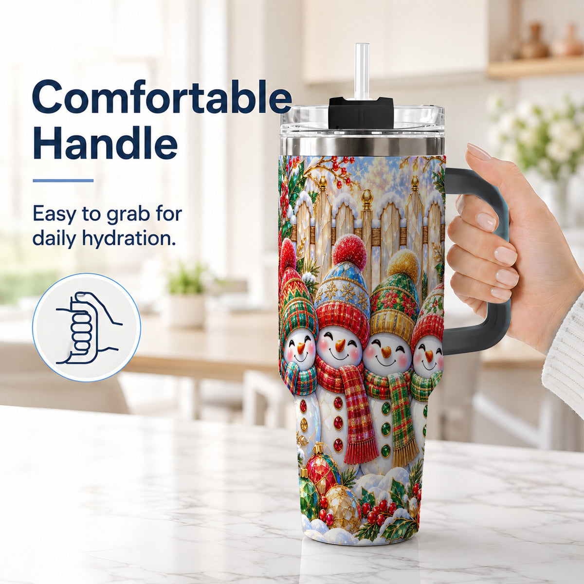 #pl[40oz|Black] Jeweled Snowman Friends 40oz Tumbler with Handle, Christmas Travel Cup