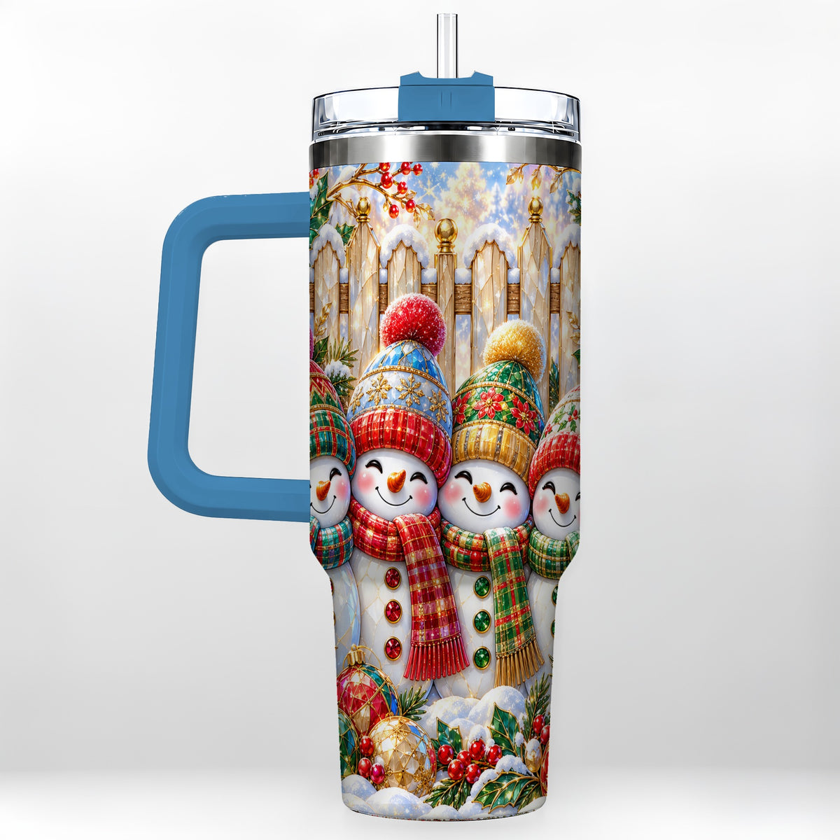 #pl[40oz|Blue] Jeweled Snowman Friends 40oz Tumbler with Handle, Christmas Travel Cup