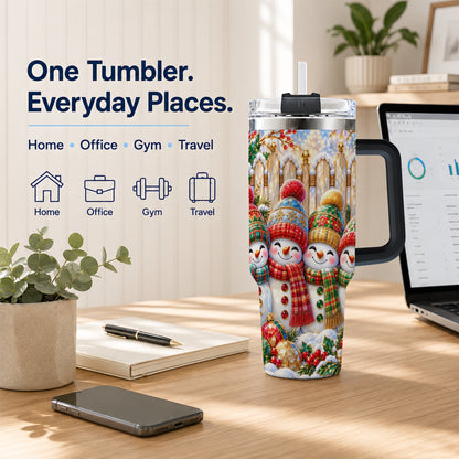 #pl[40oz|Black] Jeweled Snowman Friends 40oz Tumbler with Handle, Christmas Travel Cup