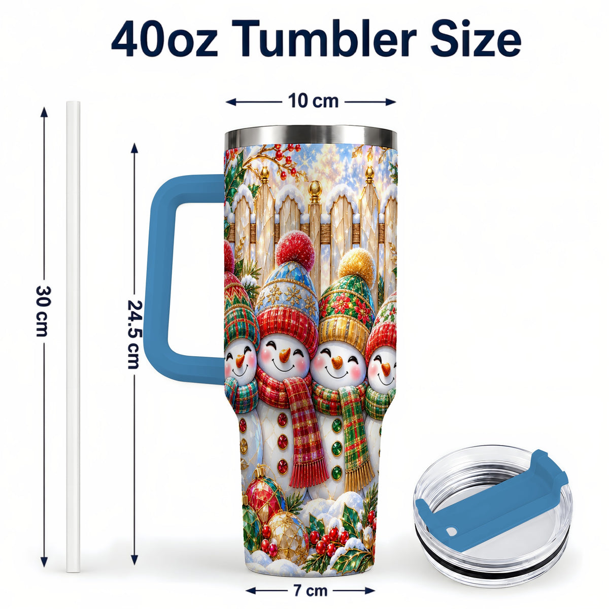 #pl[40oz|Blue] Jeweled Snowman Friends 40oz Tumbler with Handle, Christmas Travel Cup