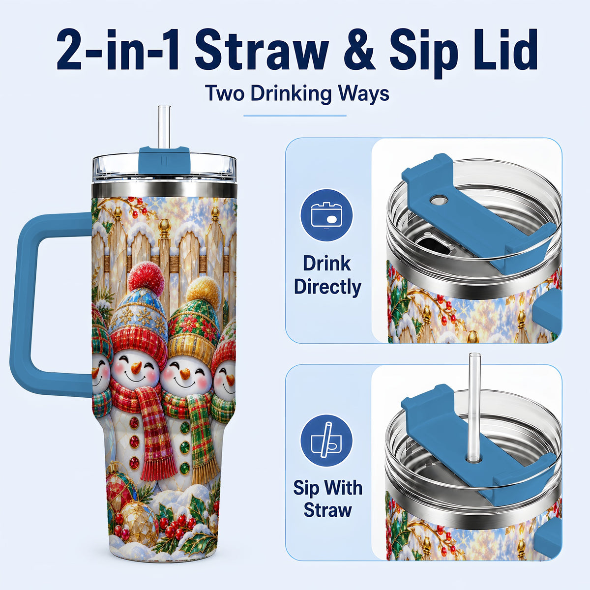 #pl[40oz|Blue] Jeweled Snowman Friends 40oz Tumbler with Handle, Christmas Travel Cup