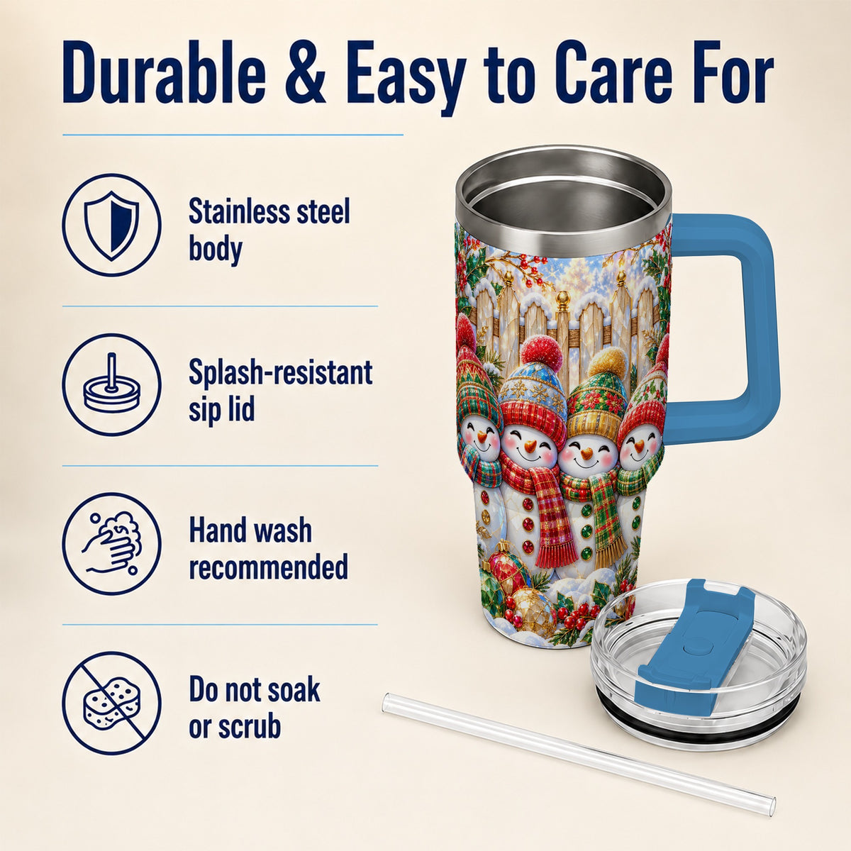 #pl[40oz|Blue] Jeweled Snowman Friends 40oz Tumbler with Handle, Christmas Travel Cup