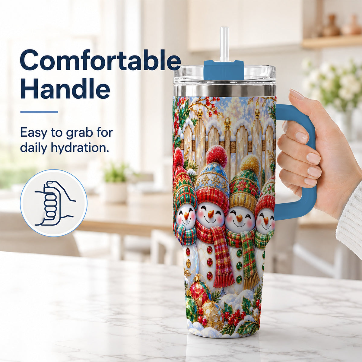 #pl[40oz|Blue] Jeweled Snowman Friends 40oz Tumbler with Handle, Christmas Travel Cup