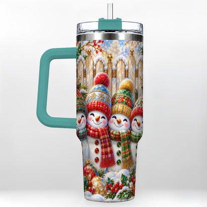 #pl[40oz|Green] Jeweled Snowman Friends 40oz Tumbler with Handle, Christmas Travel Cup