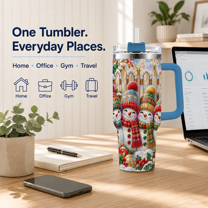 #pl[40oz|Blue] Jeweled Snowman Friends 40oz Tumbler with Handle, Christmas Travel Cup