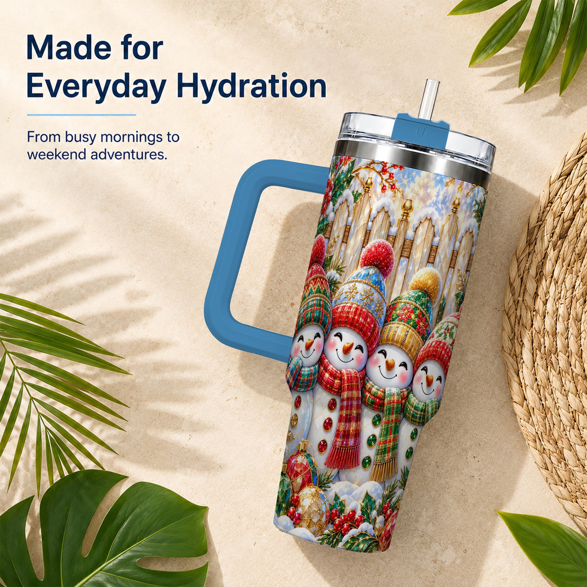#pl[40oz|Blue] Jeweled Snowman Friends 40oz Tumbler with Handle, Christmas Travel Cup