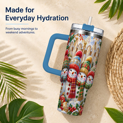 #pl[40oz|Blue] Jeweled Snowman Friends 40oz Tumbler with Handle, Christmas Travel Cup
