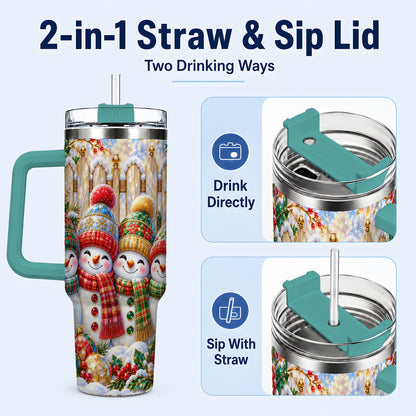 #pl[40oz|Green] Jeweled Snowman Friends 40oz Tumbler with Handle, Christmas Travel Cup