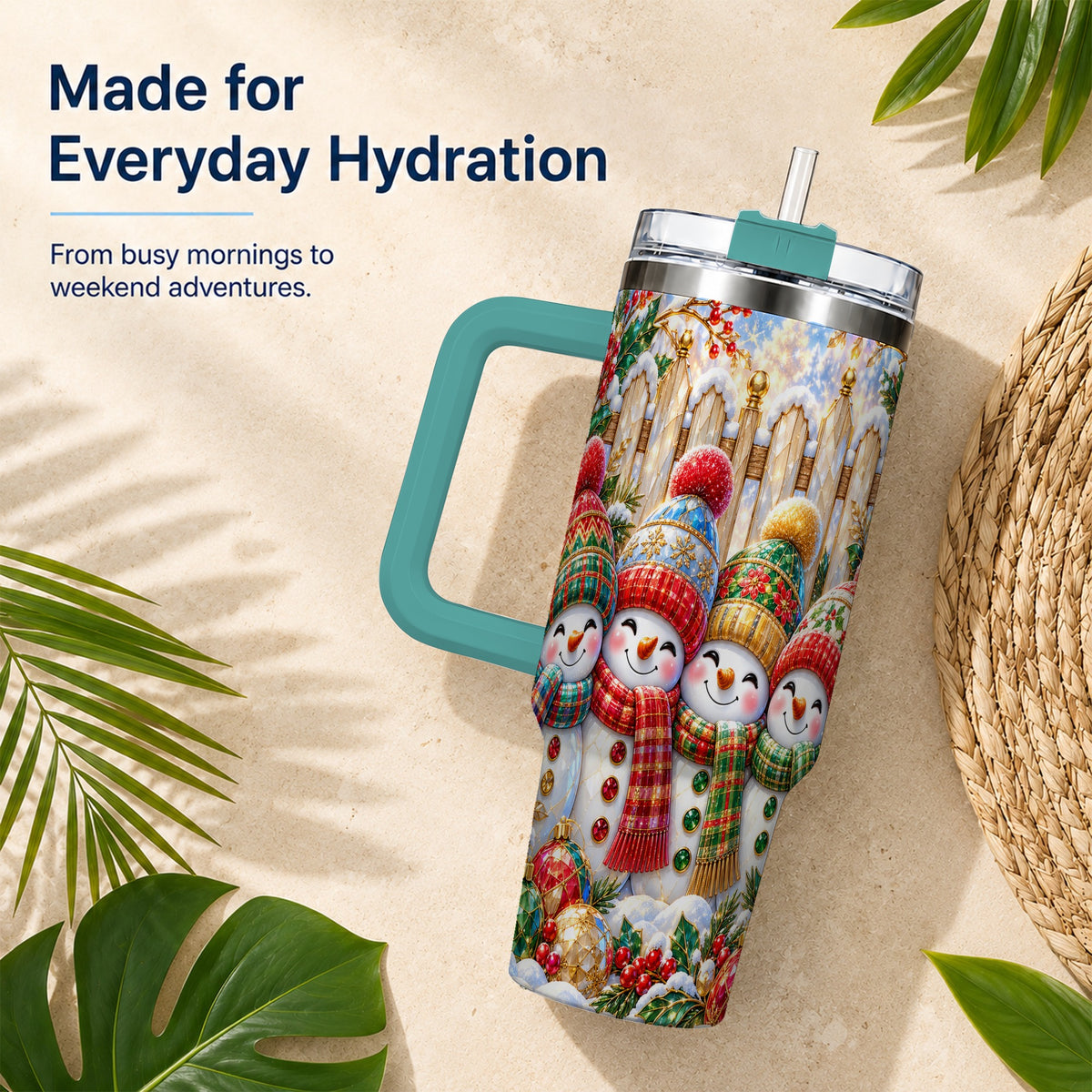#pl[40oz|Green] Jeweled Snowman Friends 40oz Tumbler with Handle, Christmas Travel Cup