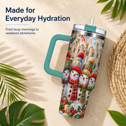 #pl[40oz|Green] Jeweled Snowman Friends 40oz Tumbler with Handle, Christmas Travel Cup