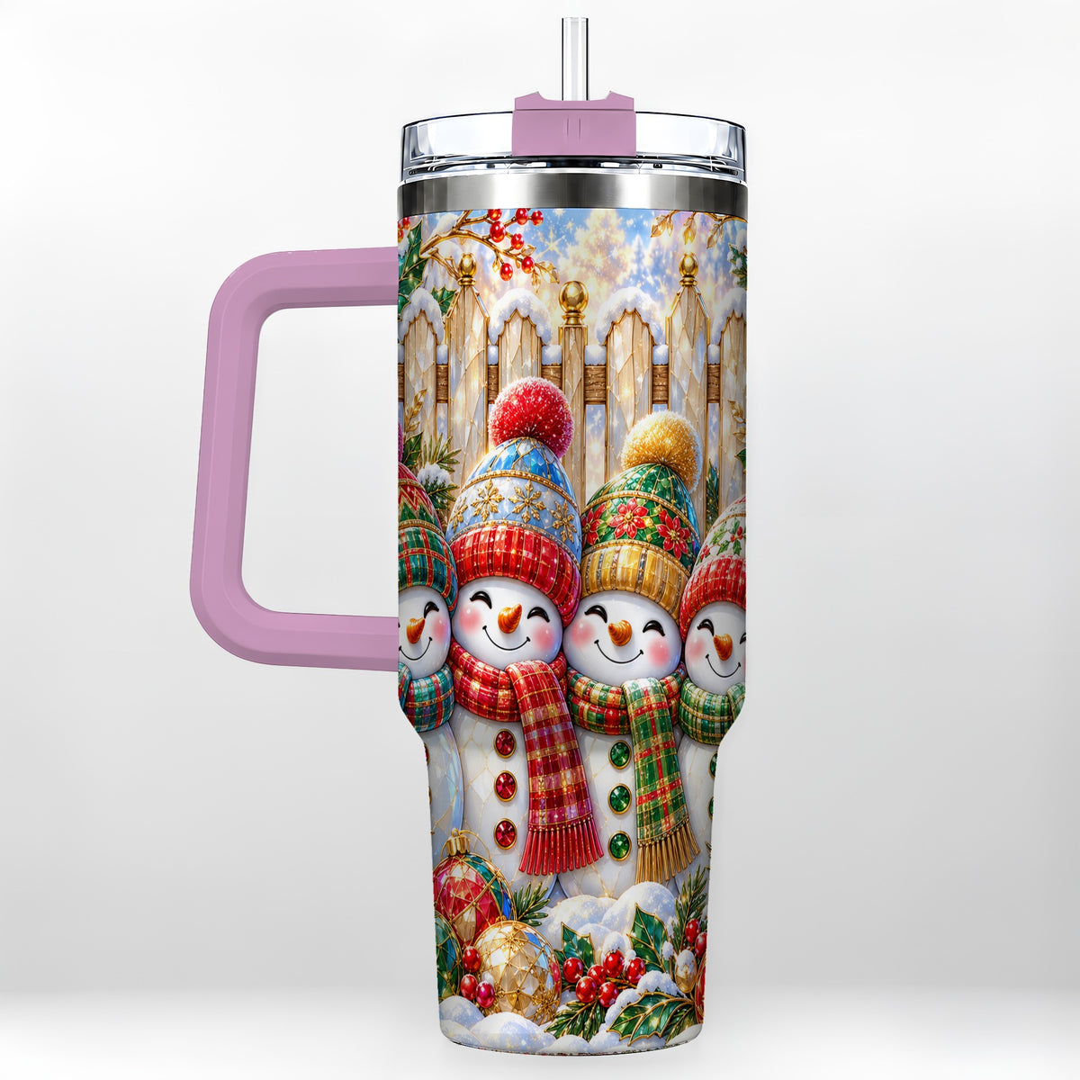 #pl[40oz|Pink] Jeweled Snowman Friends 40oz Tumbler with Handle, Christmas Travel Cup