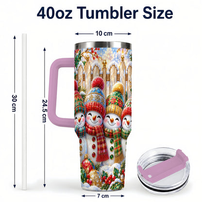 #pl[40oz|Pink] Jeweled Snowman Friends 40oz Tumbler with Handle, Christmas Travel Cup