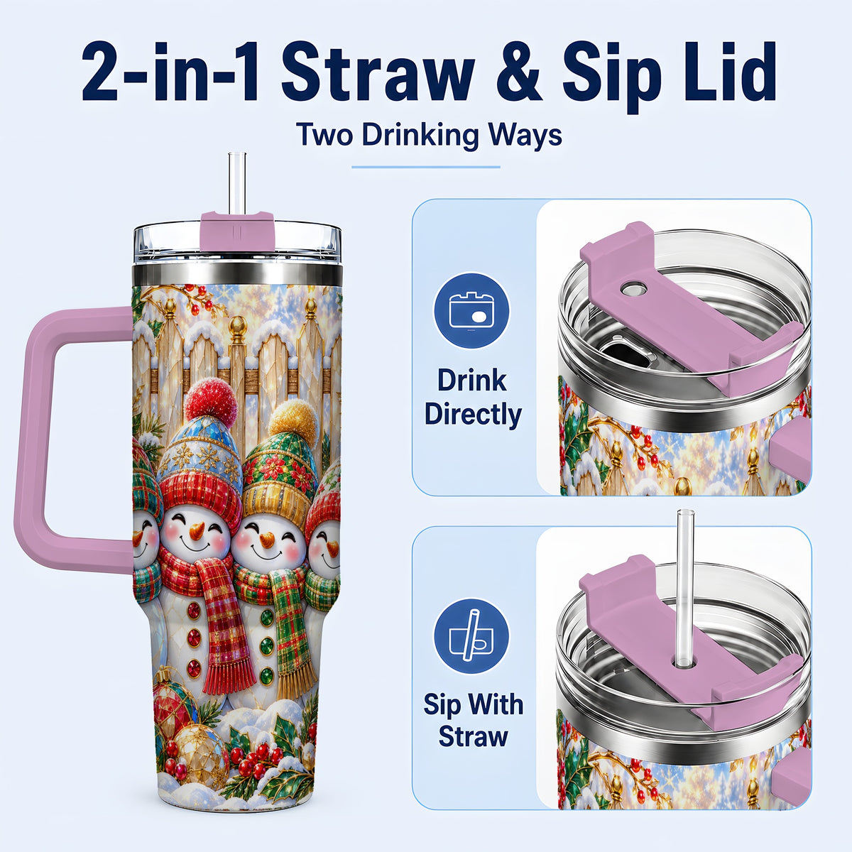 #pl[40oz|Pink] Jeweled Snowman Friends 40oz Tumbler with Handle, Christmas Travel Cup