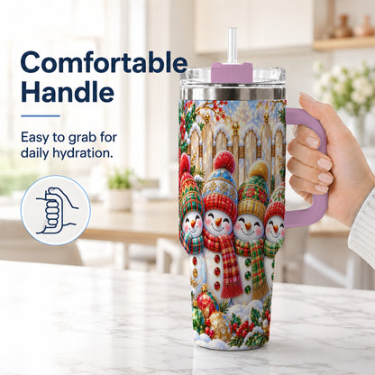 #pl[40oz|Pink] Jeweled Snowman Friends 40oz Tumbler with Handle, Christmas Travel Cup