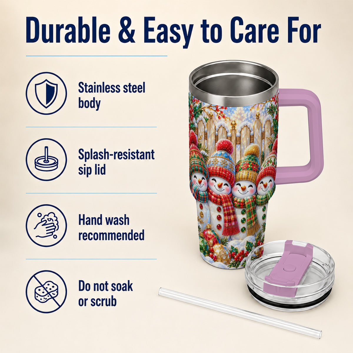 #pl[40oz|Pink] Jeweled Snowman Friends 40oz Tumbler with Handle, Christmas Travel Cup
