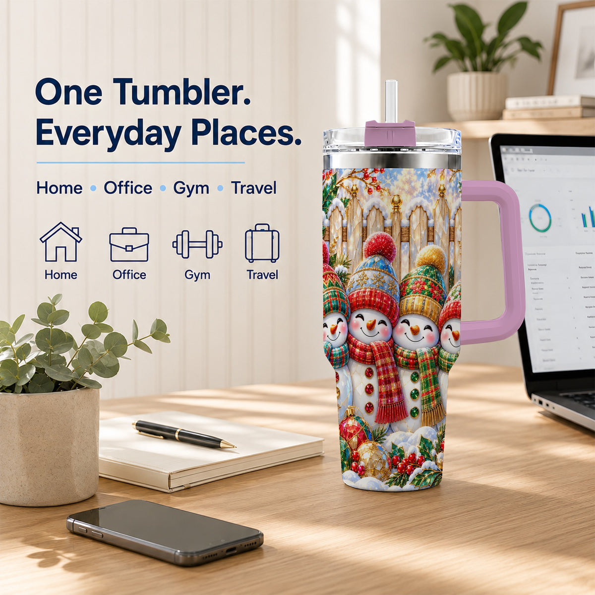 #pl[40oz|Pink] Jeweled Snowman Friends 40oz Tumbler with Handle, Christmas Travel Cup