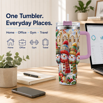 #pl[40oz|Pink] Jeweled Snowman Friends 40oz Tumbler with Handle, Christmas Travel Cup