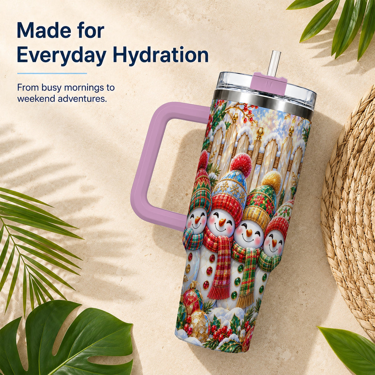 #pl[40oz|Pink] Jeweled Snowman Friends 40oz Tumbler with Handle, Christmas Travel Cup