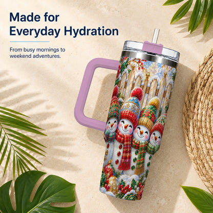 #pl[40oz|Pink] Jeweled Snowman Friends 40oz Tumbler with Handle, Christmas Travel Cup