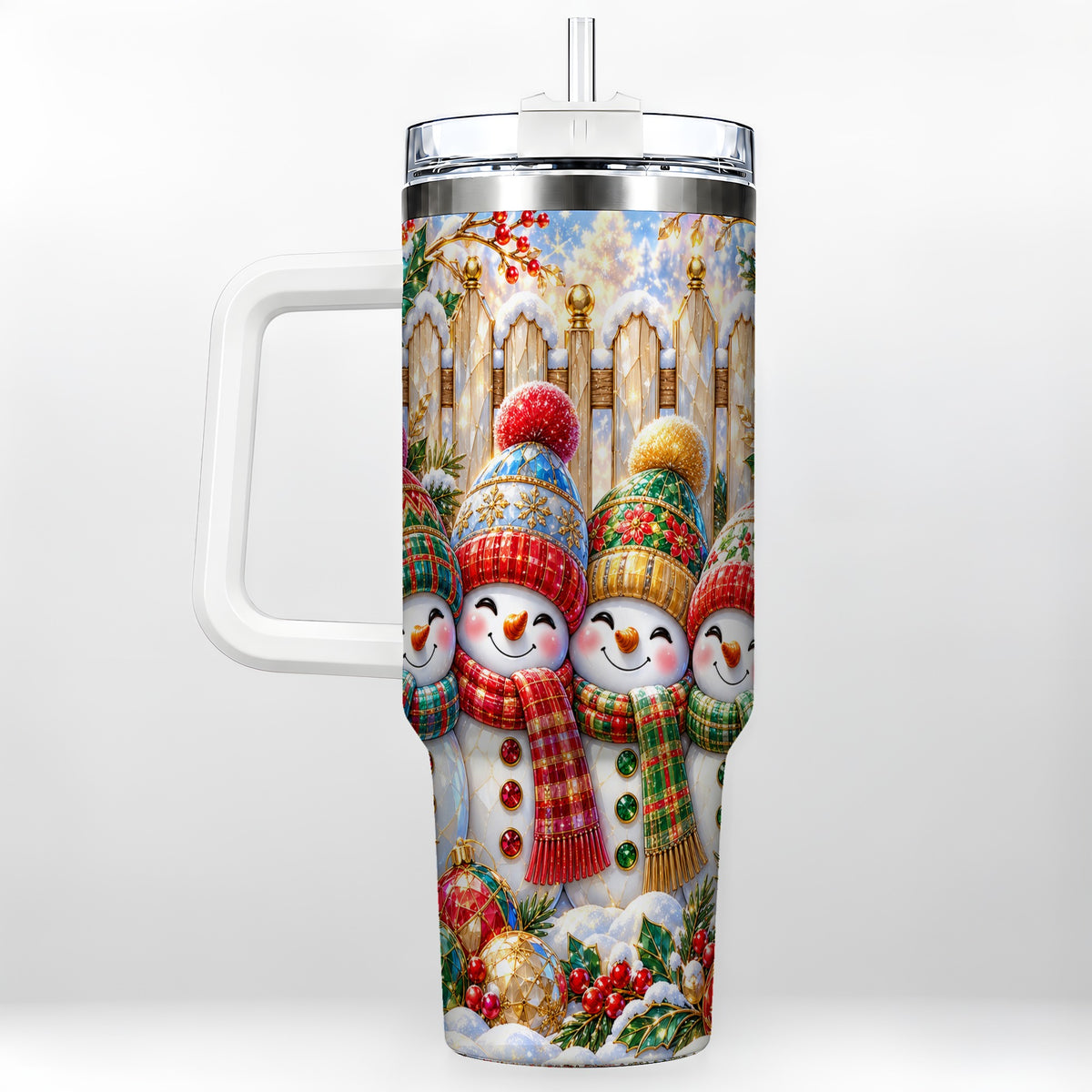 Jeweled Snowman Friends 40oz Tumbler with Handle, Christmas Travel Cup