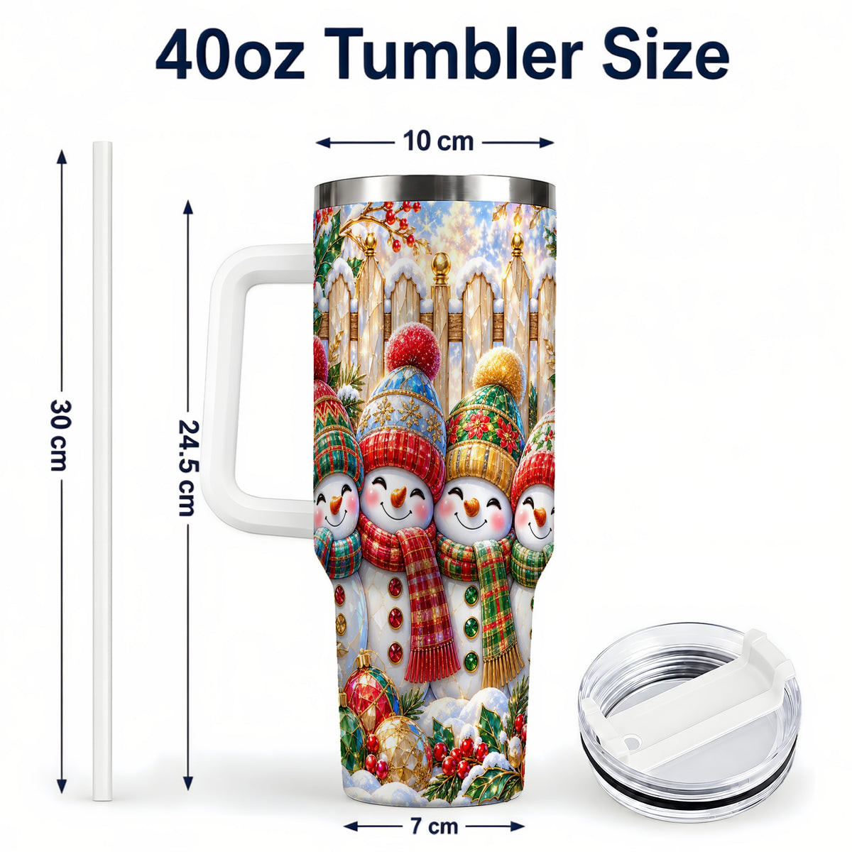 #pl[40oz|White] Jeweled Snowman Friends 40oz Tumbler with Handle, Christmas Travel Cup
