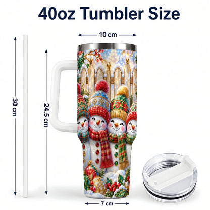 #pl[40oz|White] Jeweled Snowman Friends 40oz Tumbler with Handle, Christmas Travel Cup