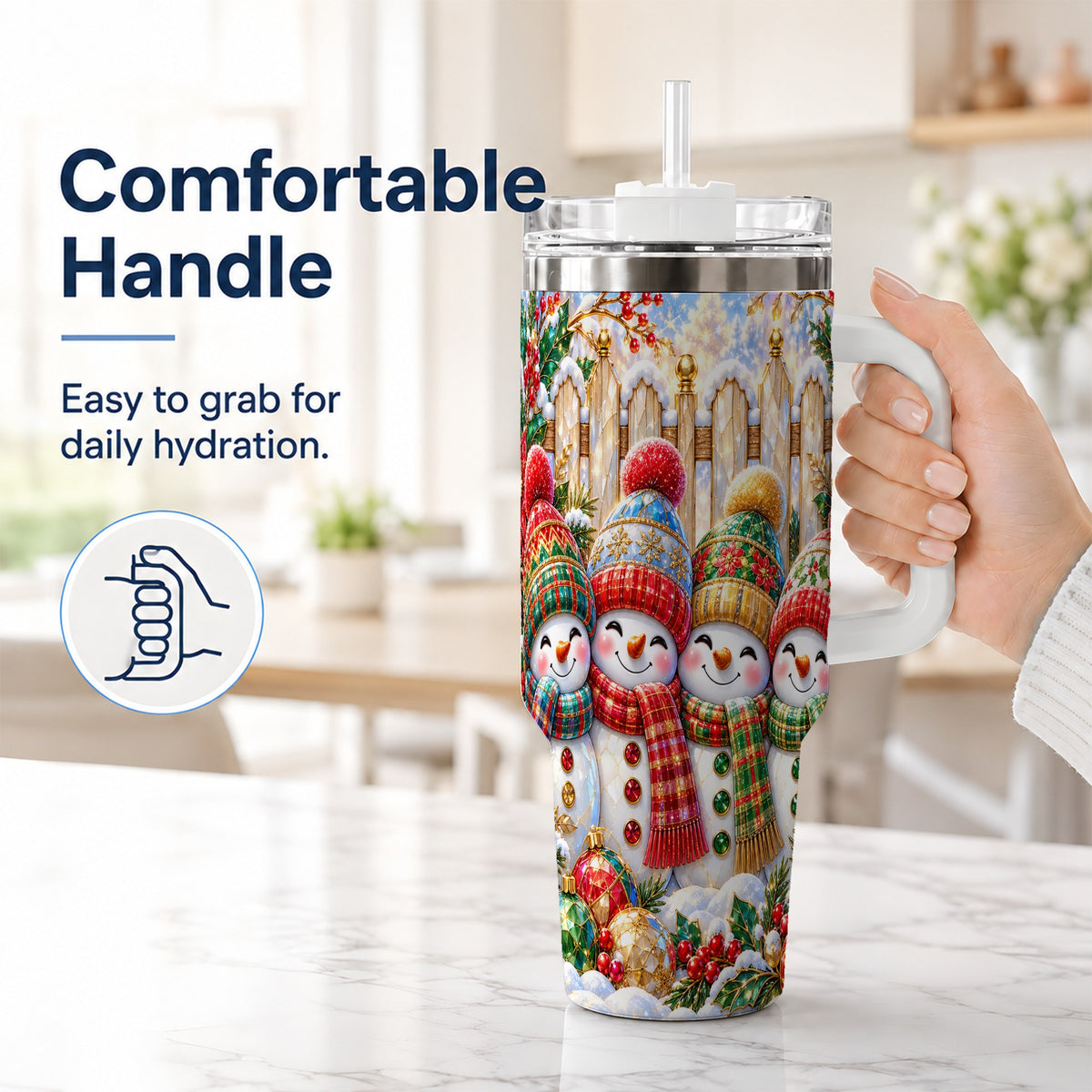 #pl[40oz|White] Jeweled Snowman Friends 40oz Tumbler with Handle, Christmas Travel Cup