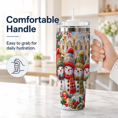 #pl[40oz|White] Jeweled Snowman Friends 40oz Tumbler with Handle, Christmas Travel Cup