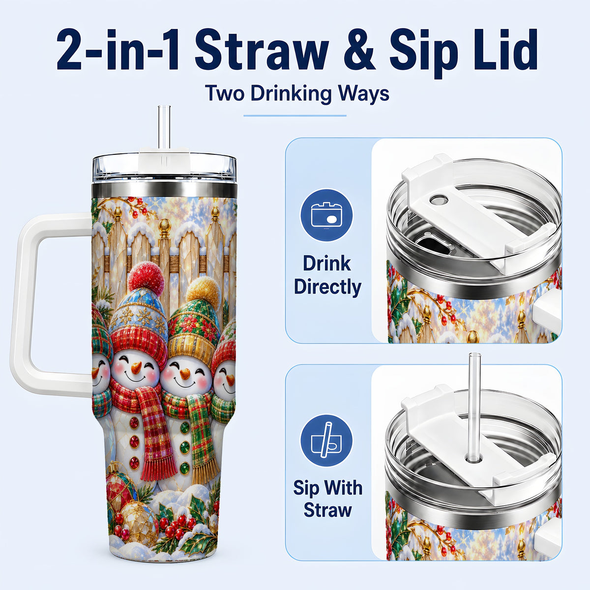 #pl[40oz|White] Jeweled Snowman Friends 40oz Tumbler with Handle, Christmas Travel Cup