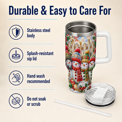 #pl[40oz|White] Jeweled Snowman Friends 40oz Tumbler with Handle, Christmas Travel Cup